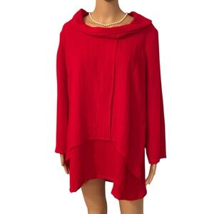 Fridaze Women’s Size Small 100% Linen Solid Red Long Blouse Cowl Neck Tunic Top